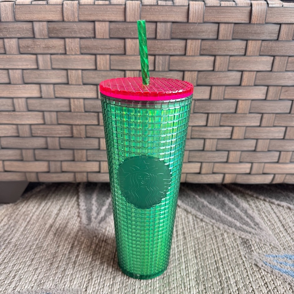 Starbucks 2023 Watermelon Grid Green w/Green Straw‎ & Pink Lid 24oz Tumbler